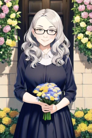 волнистые волосы, очки, цветок, пожилая женщина, платье